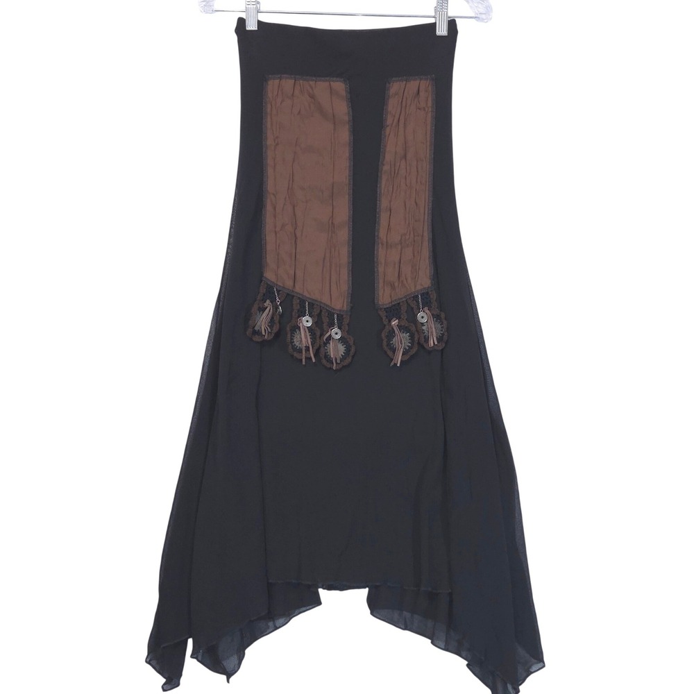VTG Hazel Boho Mesh Maxi Skirt S Y2K Fairy Grunge Asymmetrical Coin Tassel Black
